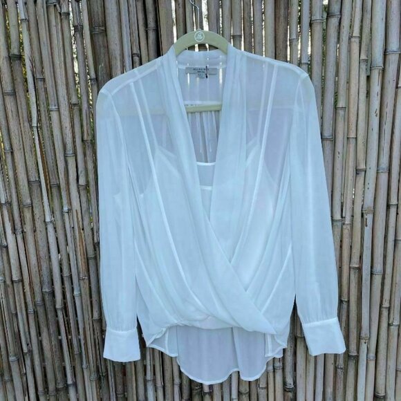 All saints women’s ivory sheer twisted cross over long sleeves minimalist top M - Picture 2 of 15